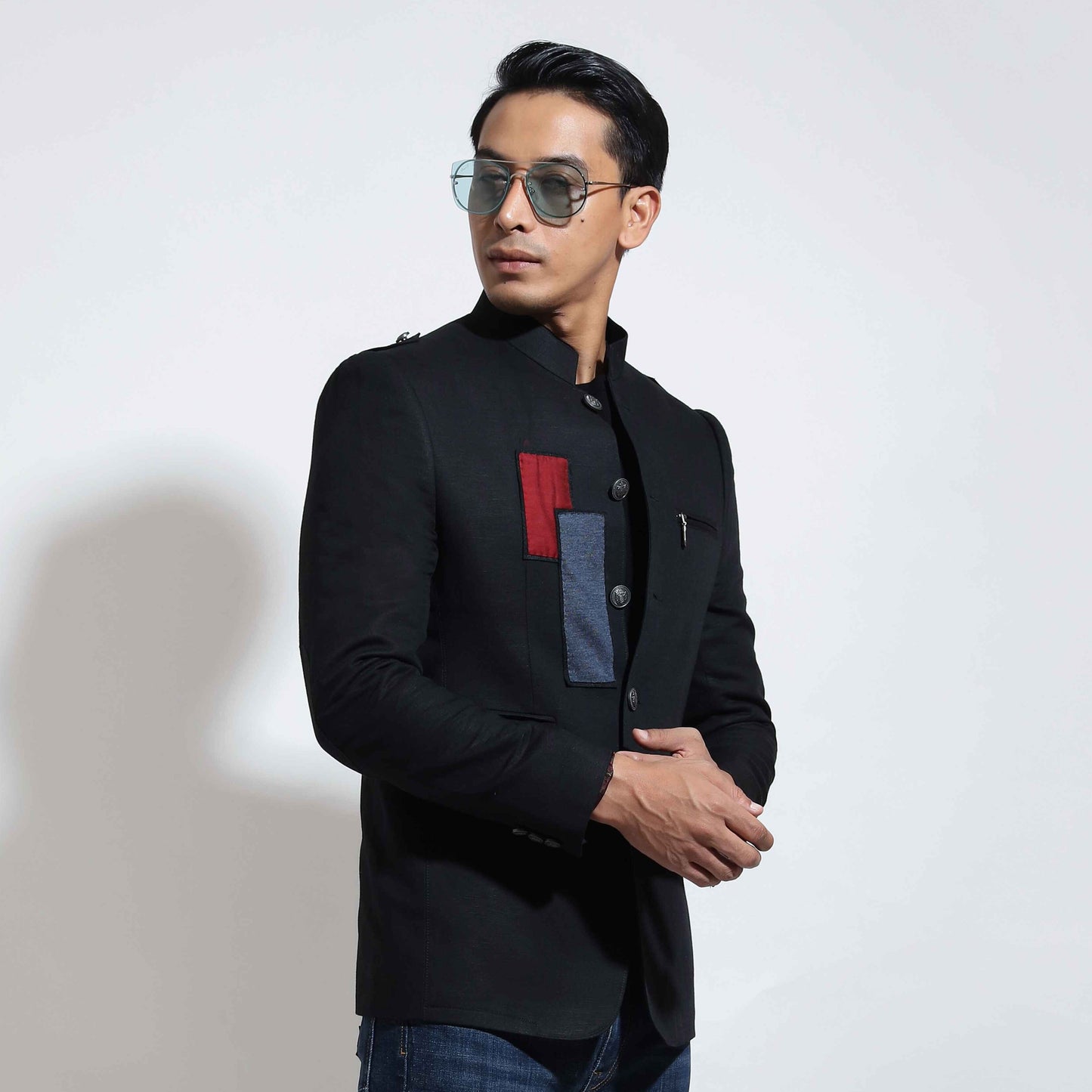 Sporty bandhgala with patch applique
