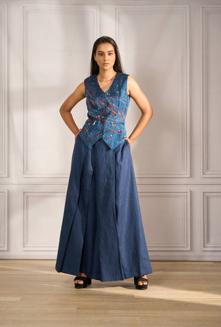Splash print satin waistcoat with zipper detail paired with pleated pallazo in navy linen