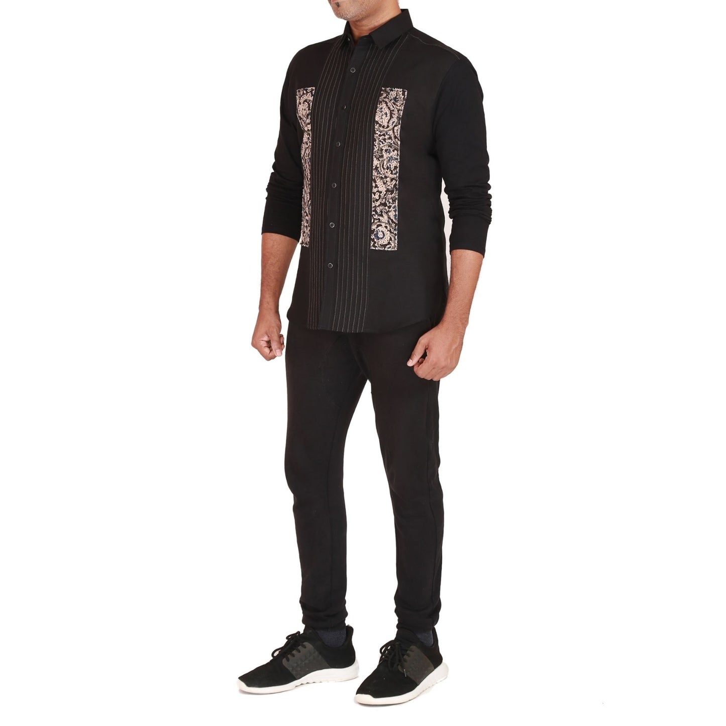 Long sleeve cotton linen shirt with kalamkari applique and jersey sleeves
