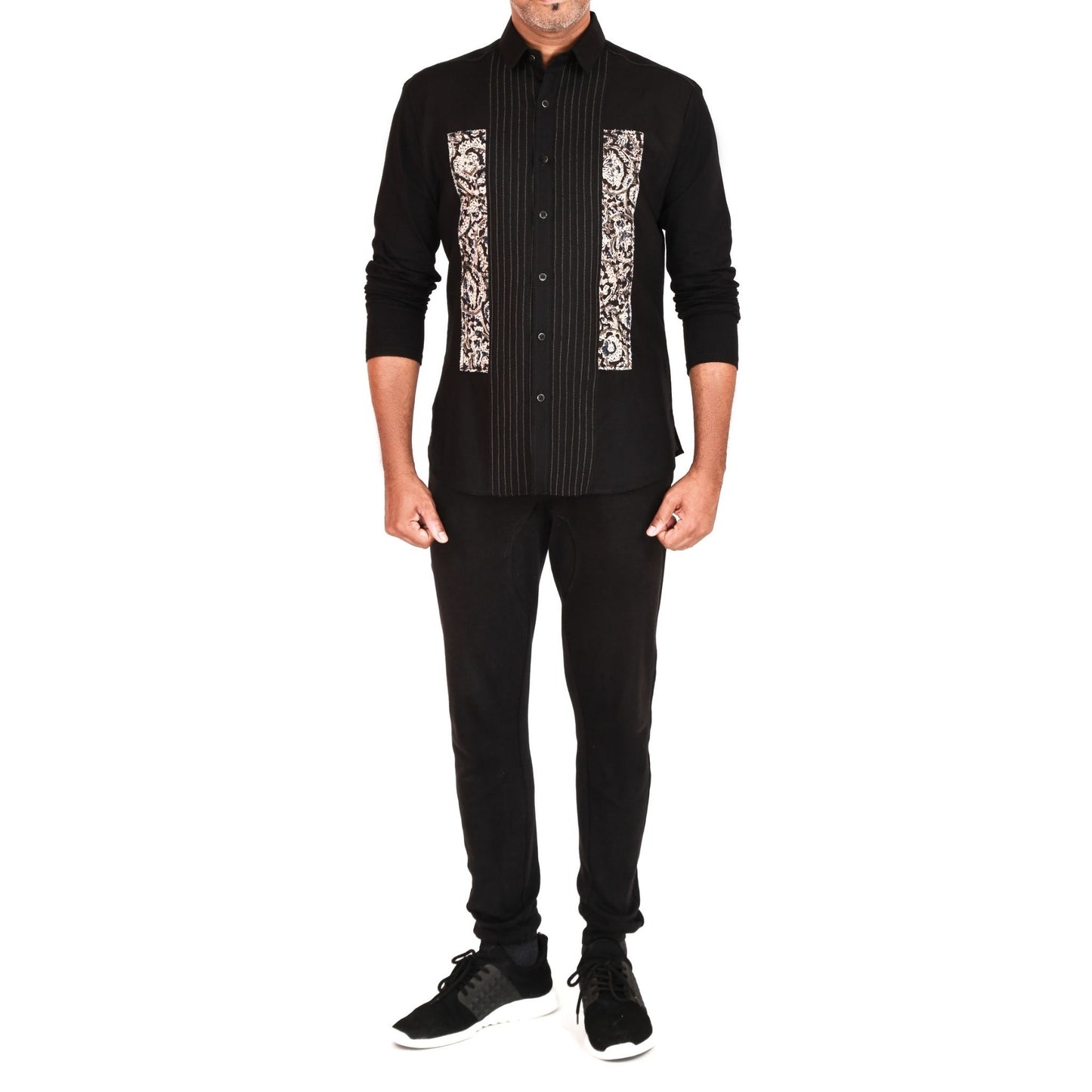 Long sleeve cotton linen shirt with kalamkari applique and jersey sleeves