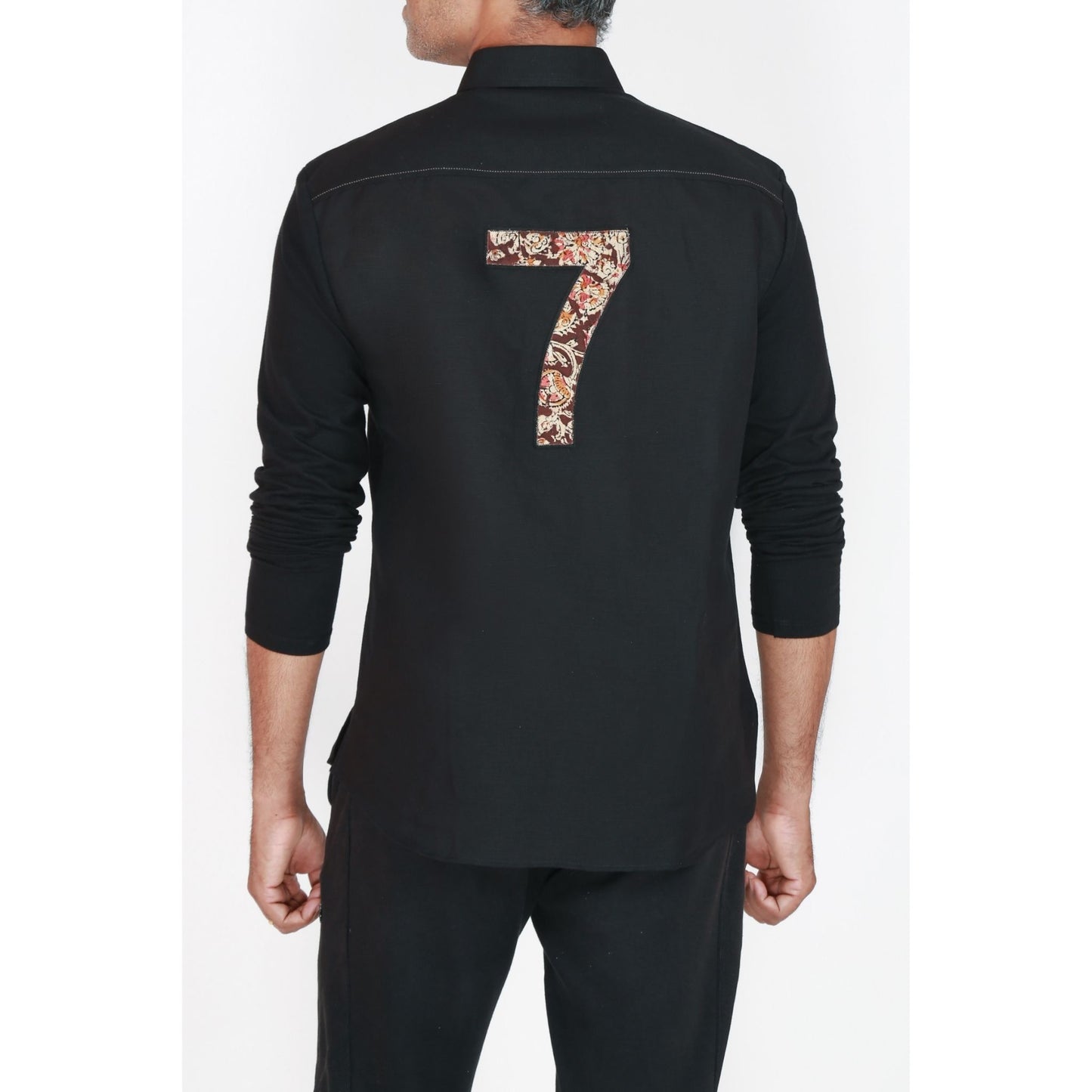 Long sleeve cotton linen shirt with kalamkari applique and jersey sleeves