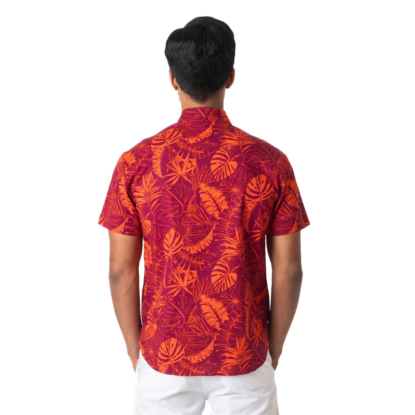 Tropical printed short sleeve shirt with regimental tape on under placket and pocket in print at chest