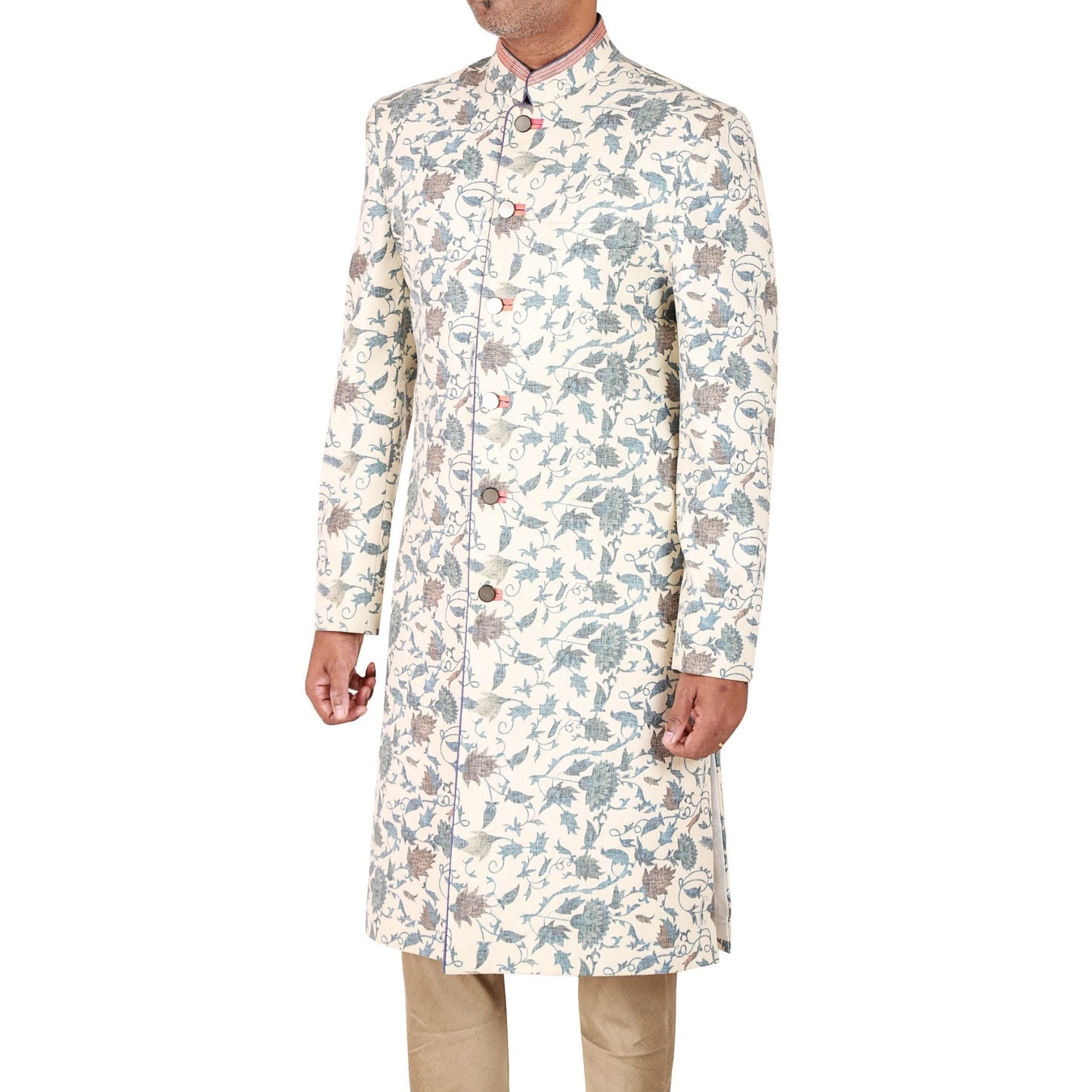 Fitted sherwani in floral printed linen blend suting