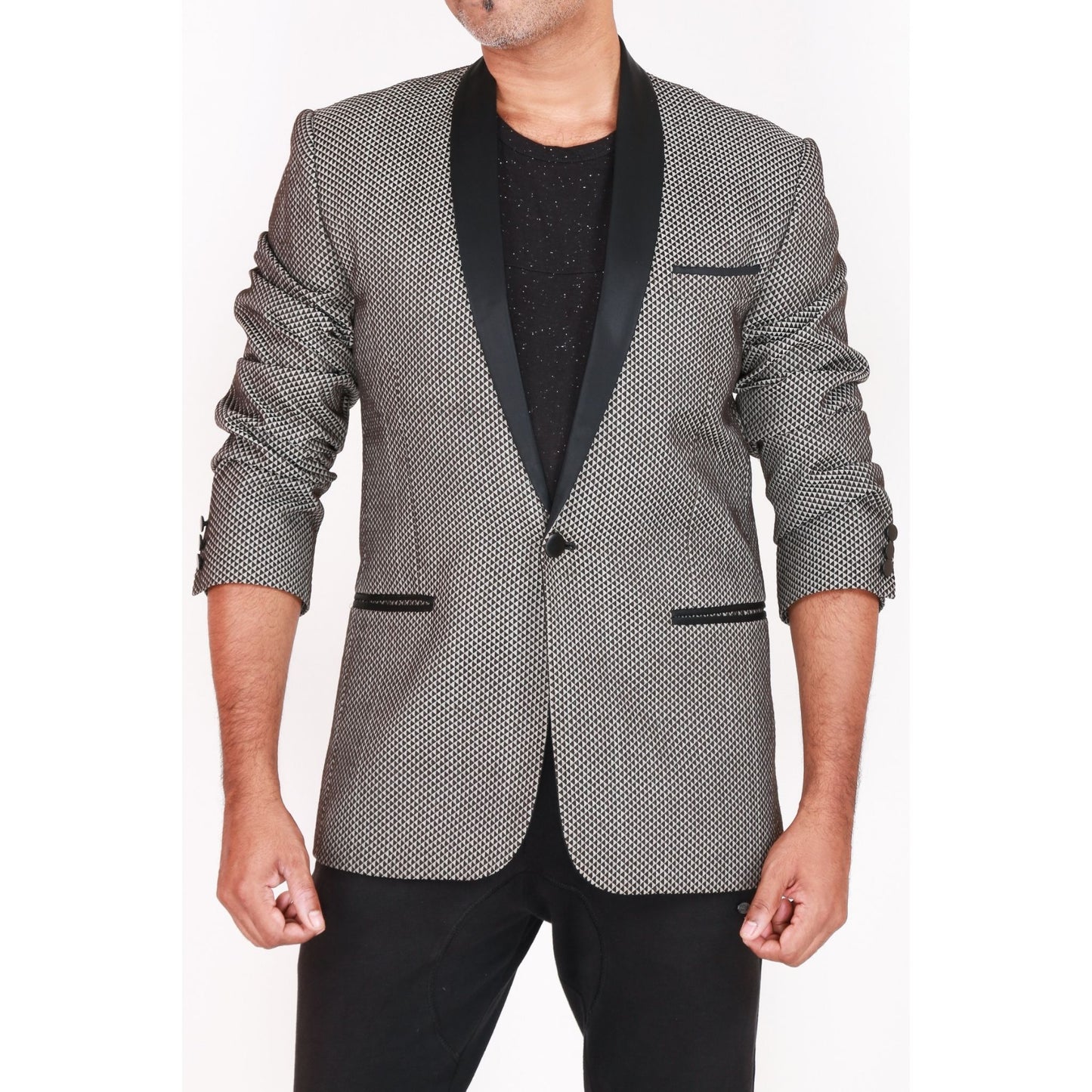 Tuxedo in jaquard with contrast lapel & slimfit flatfront trousers