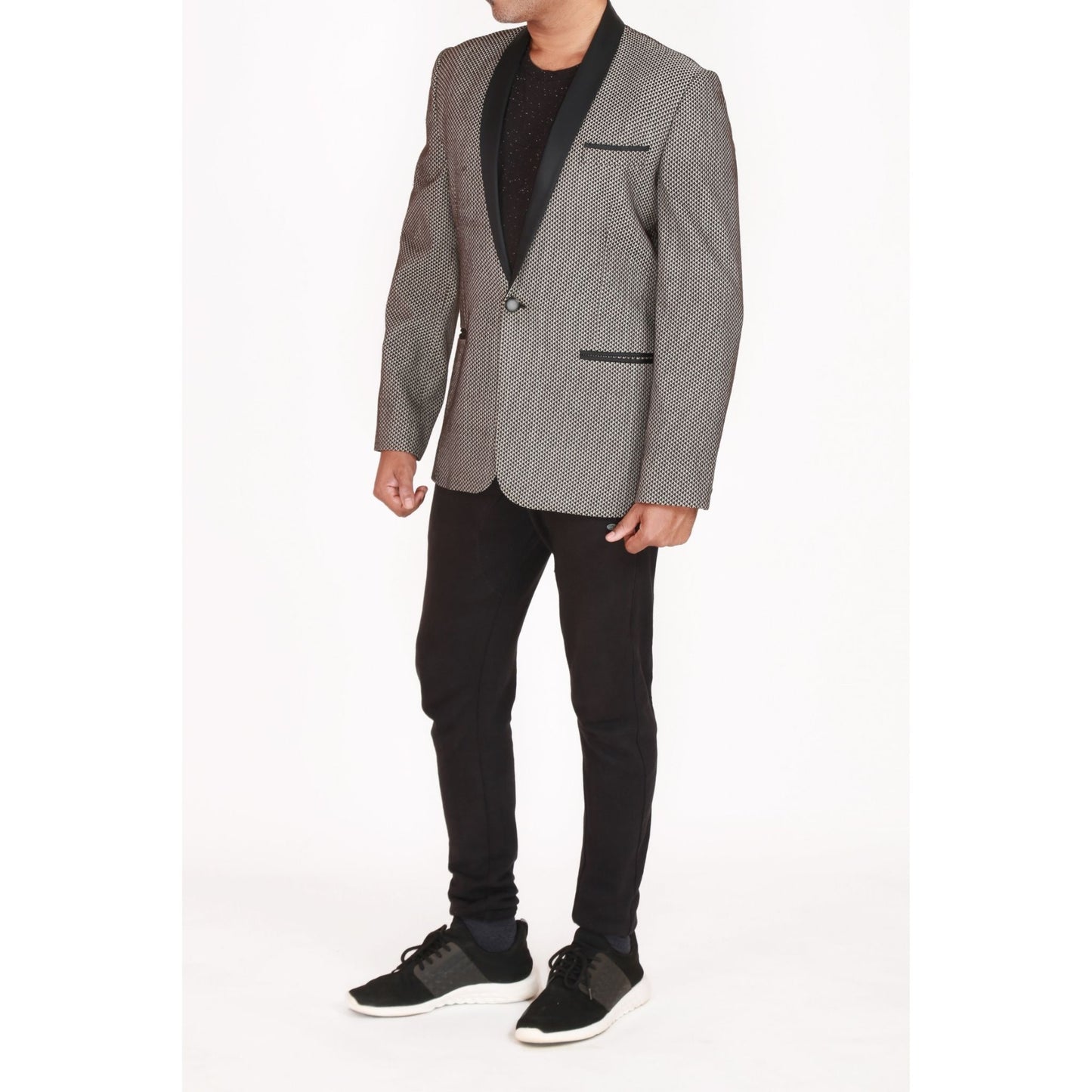 Tuxedo in jaquard with contrast lapel & slimfit flatfront trousers
