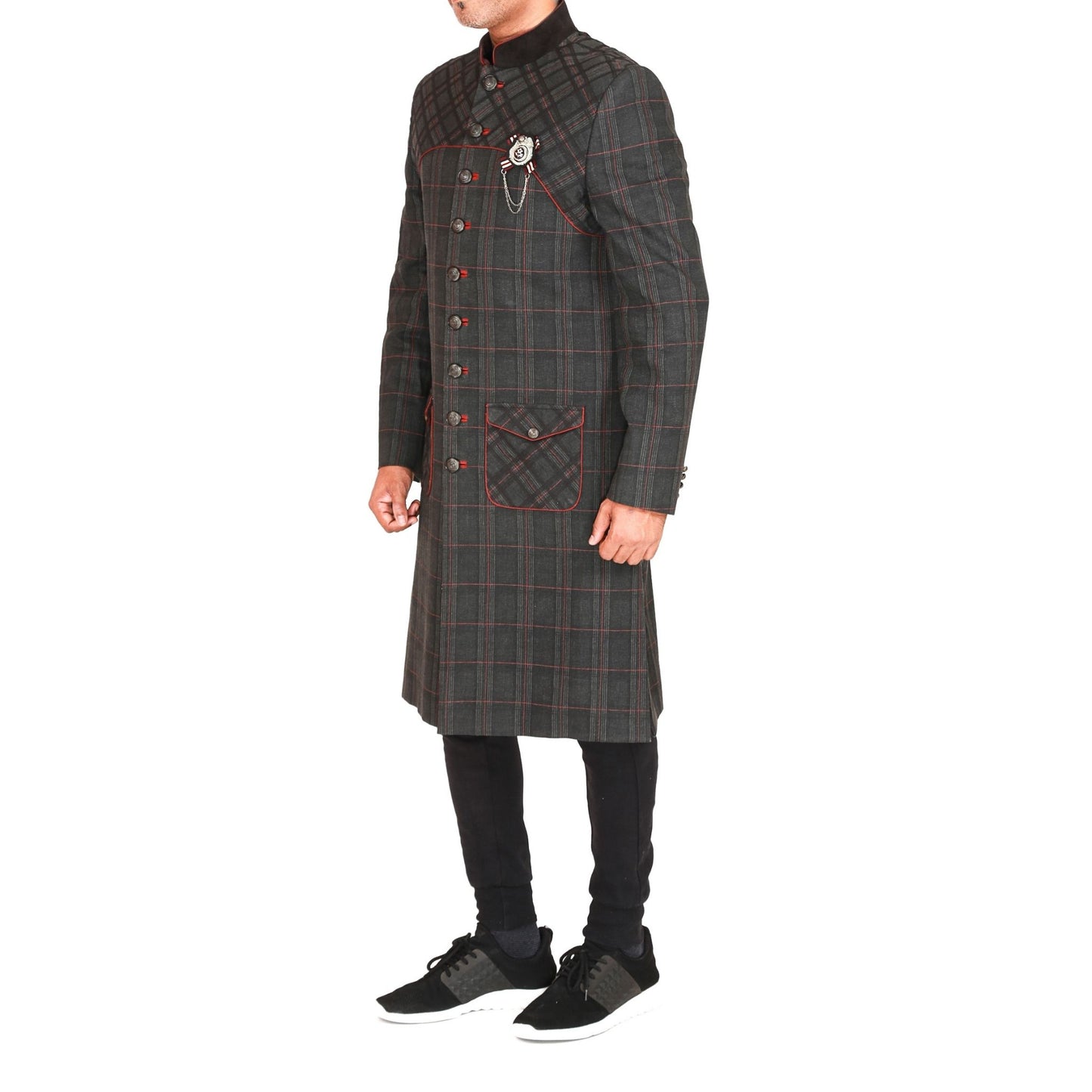 Regimental sherwani in plaid with velvet collar