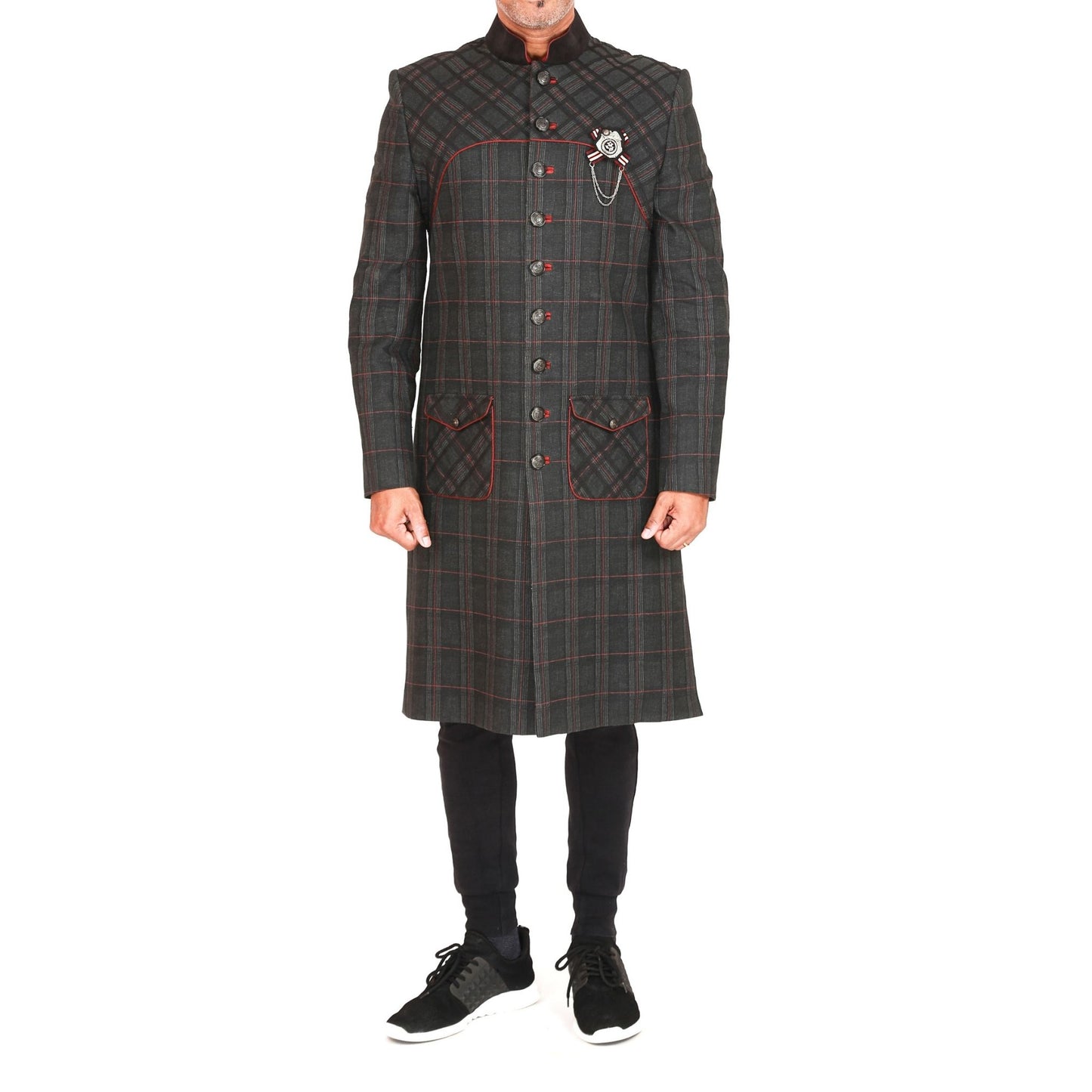 Regimental sherwani in plaid with velvet collar