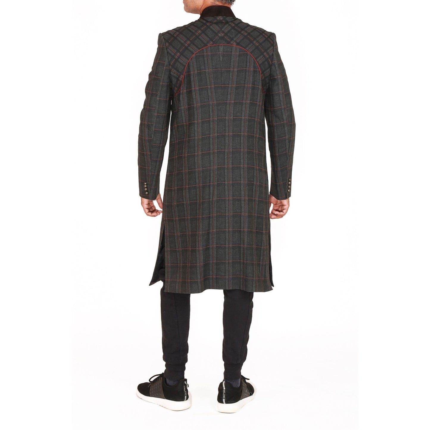 Regimental sherwani in plaid with velvet collar