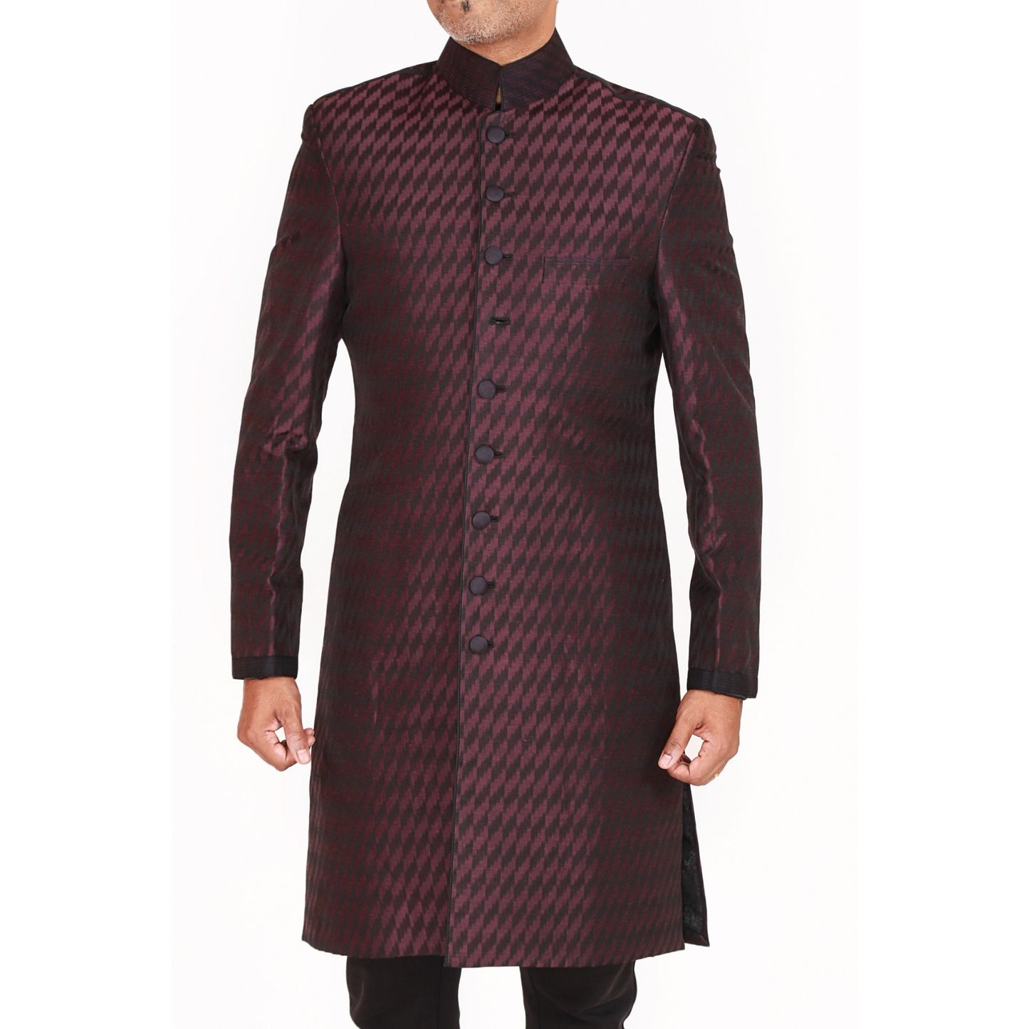 Short sherwani in linen silk jaquard & black chudidar
