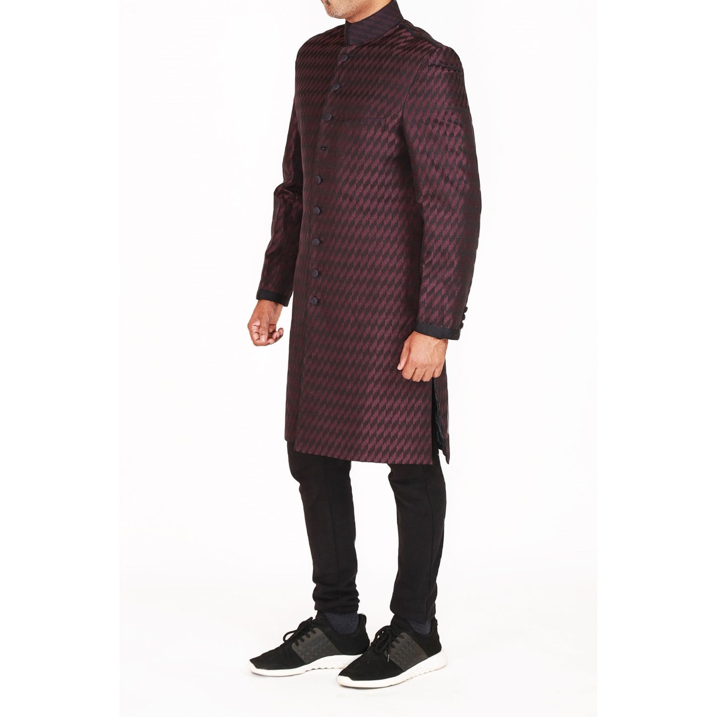 Short sherwani in linen silk jaquard & black chudidar