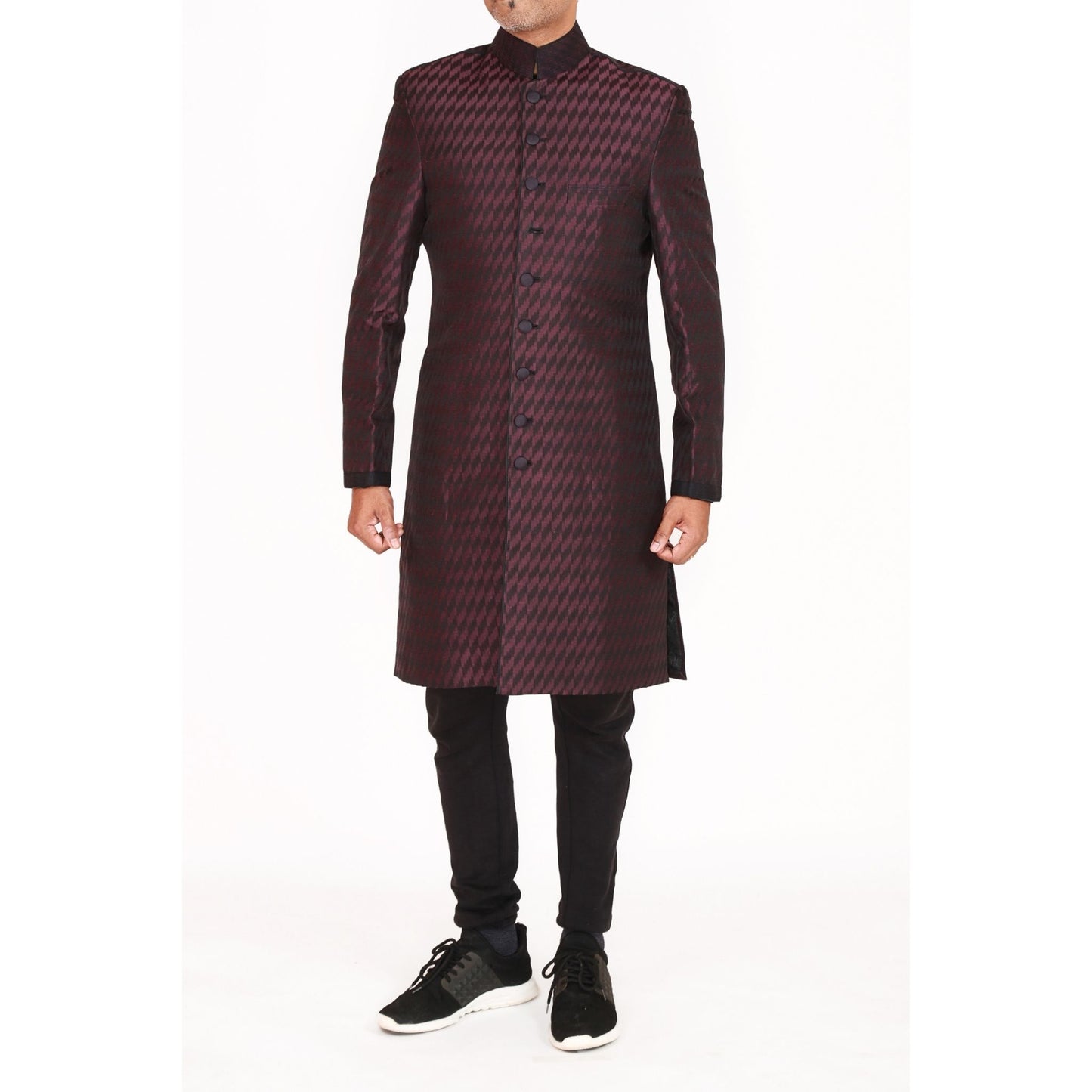 Short sherwani in linen silk jaquard & black chudidar