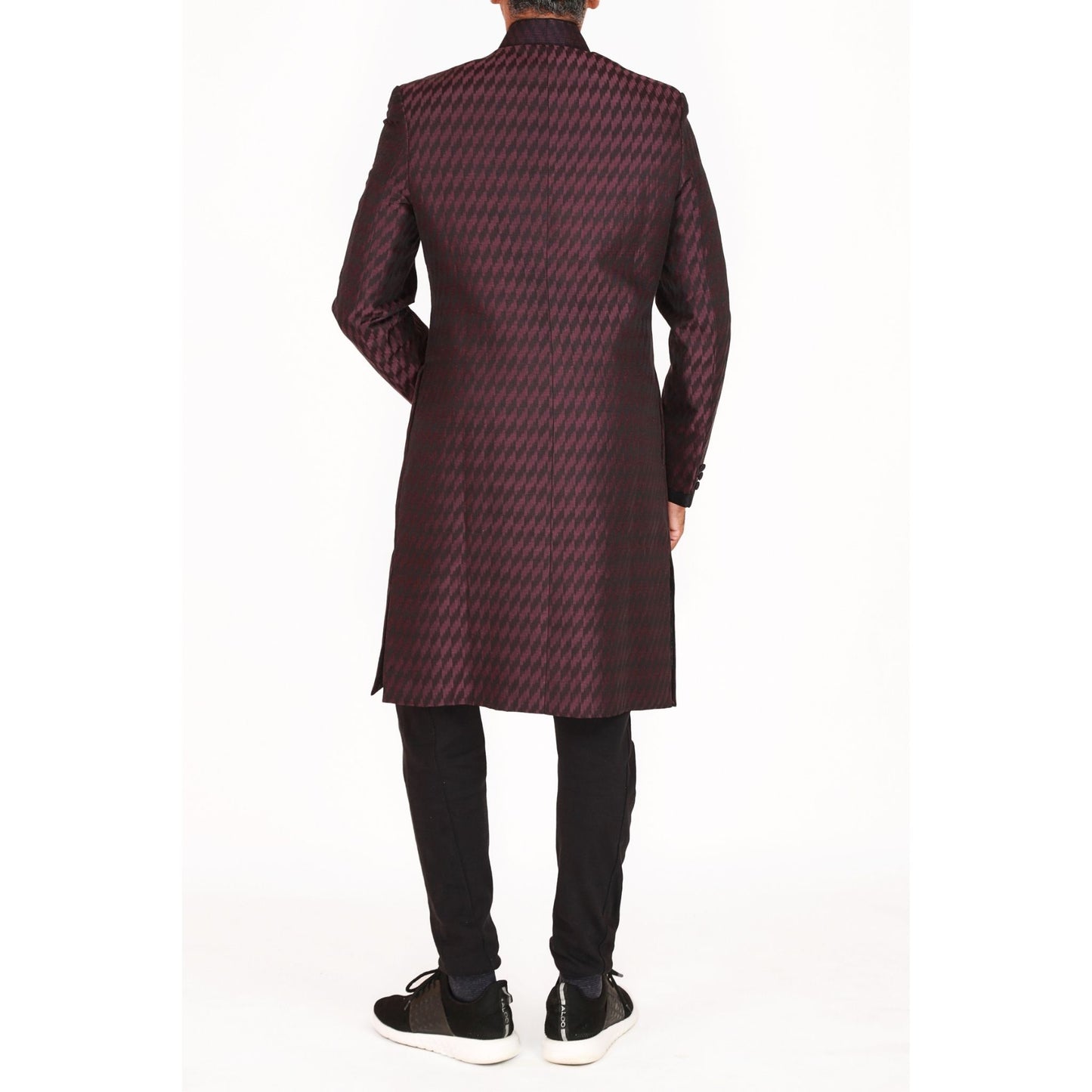 Short sherwani in linen silk jaquard & black chudidar
