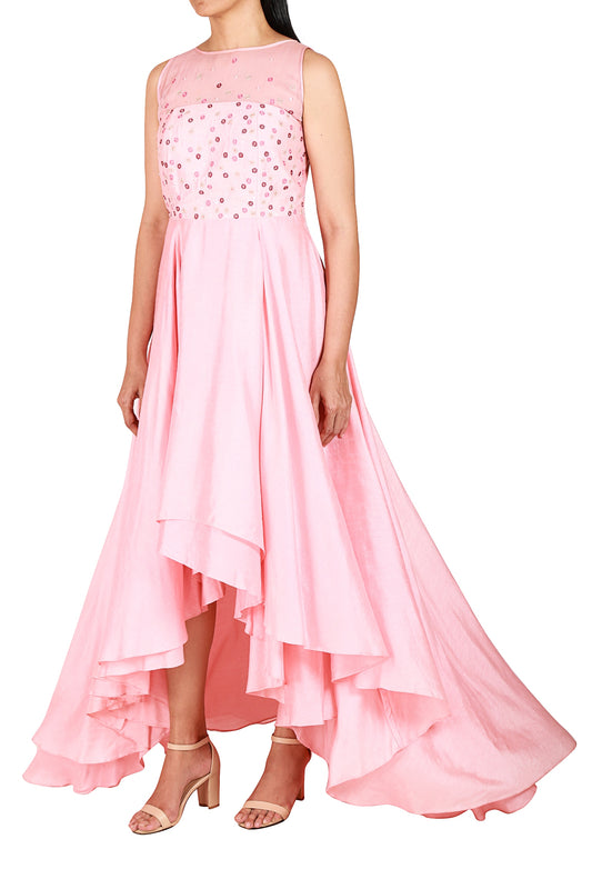 Cocktail dress in salmon pink raw silk