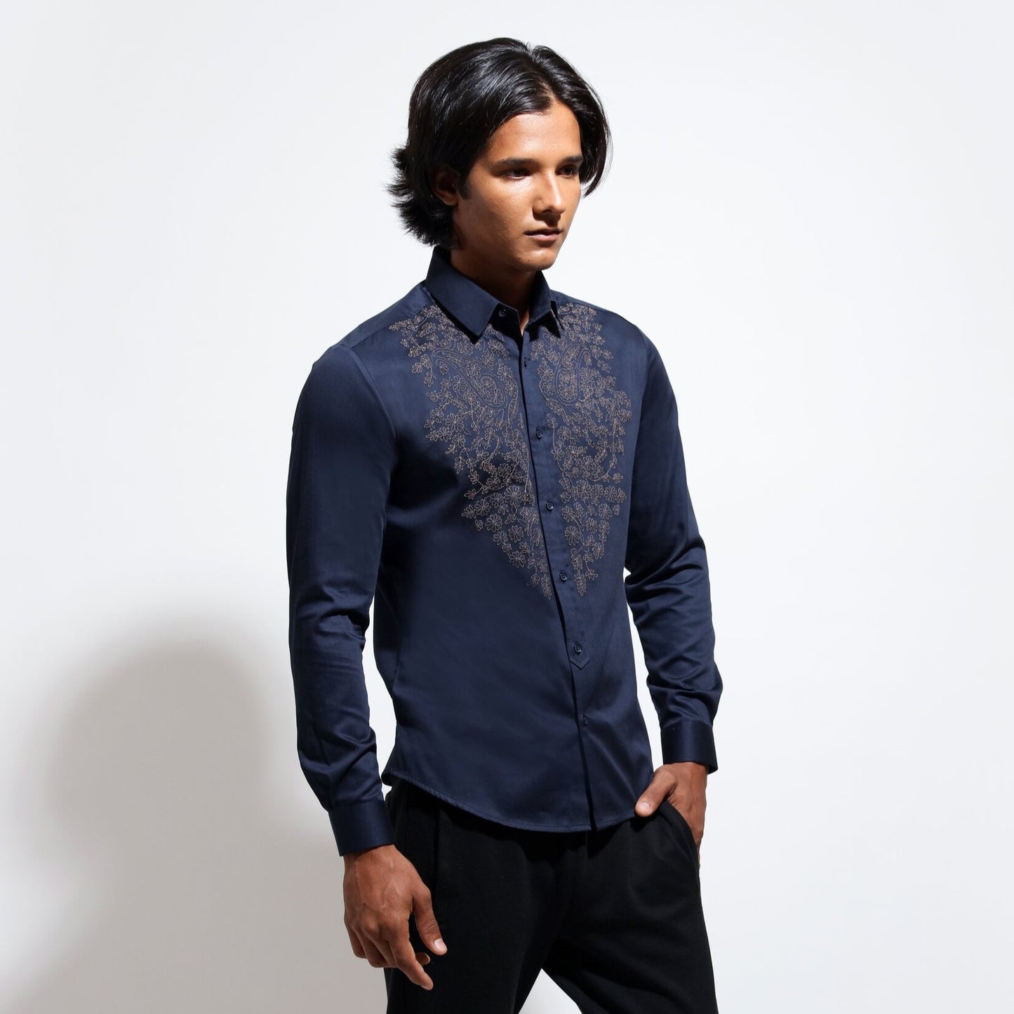 Long sleeve shirt with paisley couching embroidery