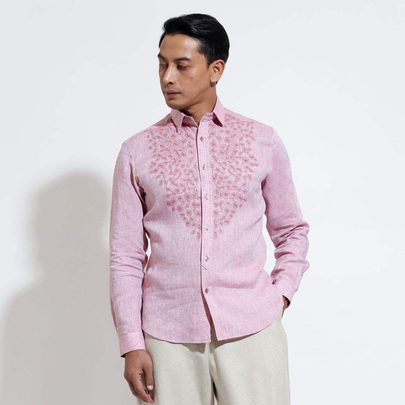 Long sleeve shirt with paisley couching embroidery
