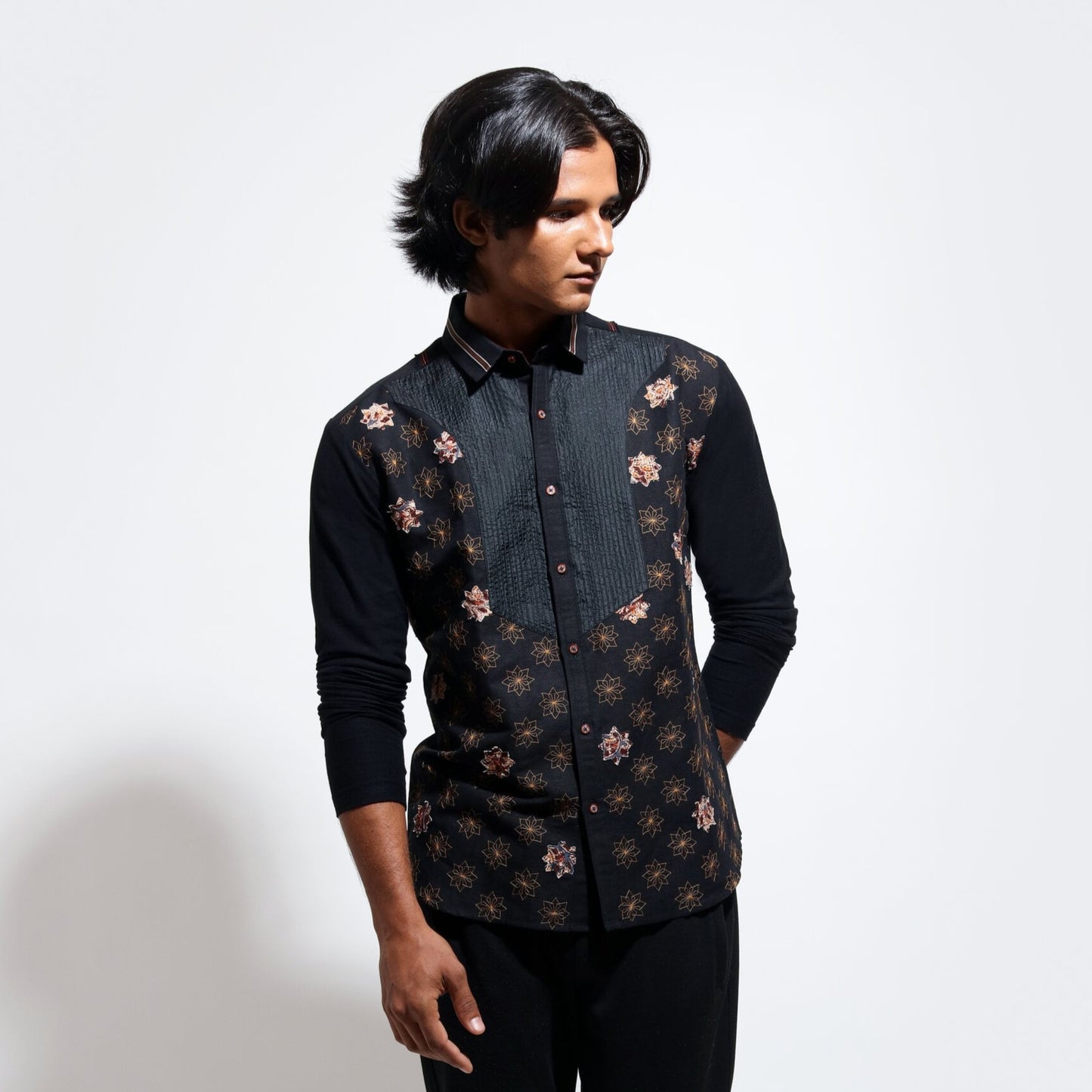 Long sleeve shirt with kalamkari star embroidery with jersey sleeve