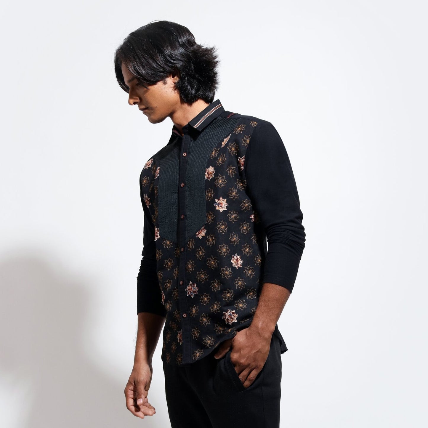 Long sleeve shirt with kalamkari star embroidery with jersey sleeve