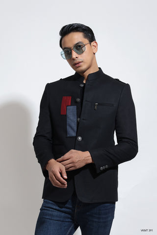 Sporty bandhgala in black linen with 3 pocket detail & patch applique