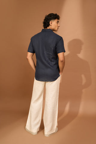 Floral kantha embroidered shirt with indigo crackle print patch