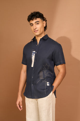 Floral kantha embroidered shirt with indigo crackle print patch