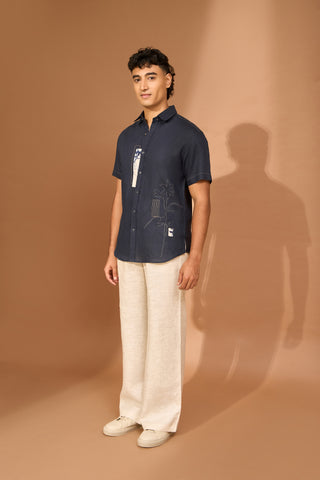 Floral kantha embroidered shirt with indigo crackle print patch