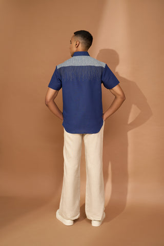 Indigo stripe yoke shirt with irregular topstitch detail