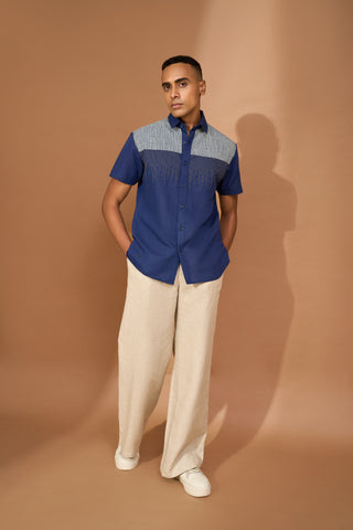 Indigo stripe yoke shirt with irregular topstitch detail