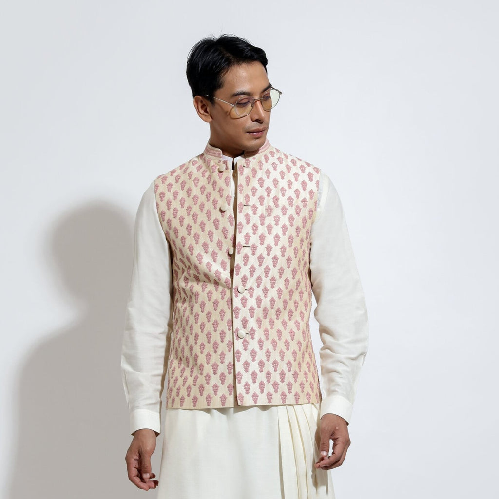 Sleeveless bandi with linear motif couching embroidery – Vivek Karunakaran