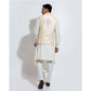 Sleeveless bandi with linear motif couching embroidery layered over assymetric hem kurta