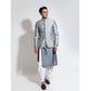 Bandhgala with motif embroidery layered over updown hem kurta and cowl pants