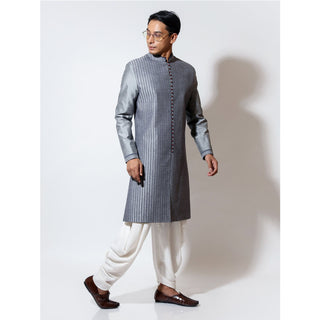 Sherwani textured with all over creeper emb with cowl pants