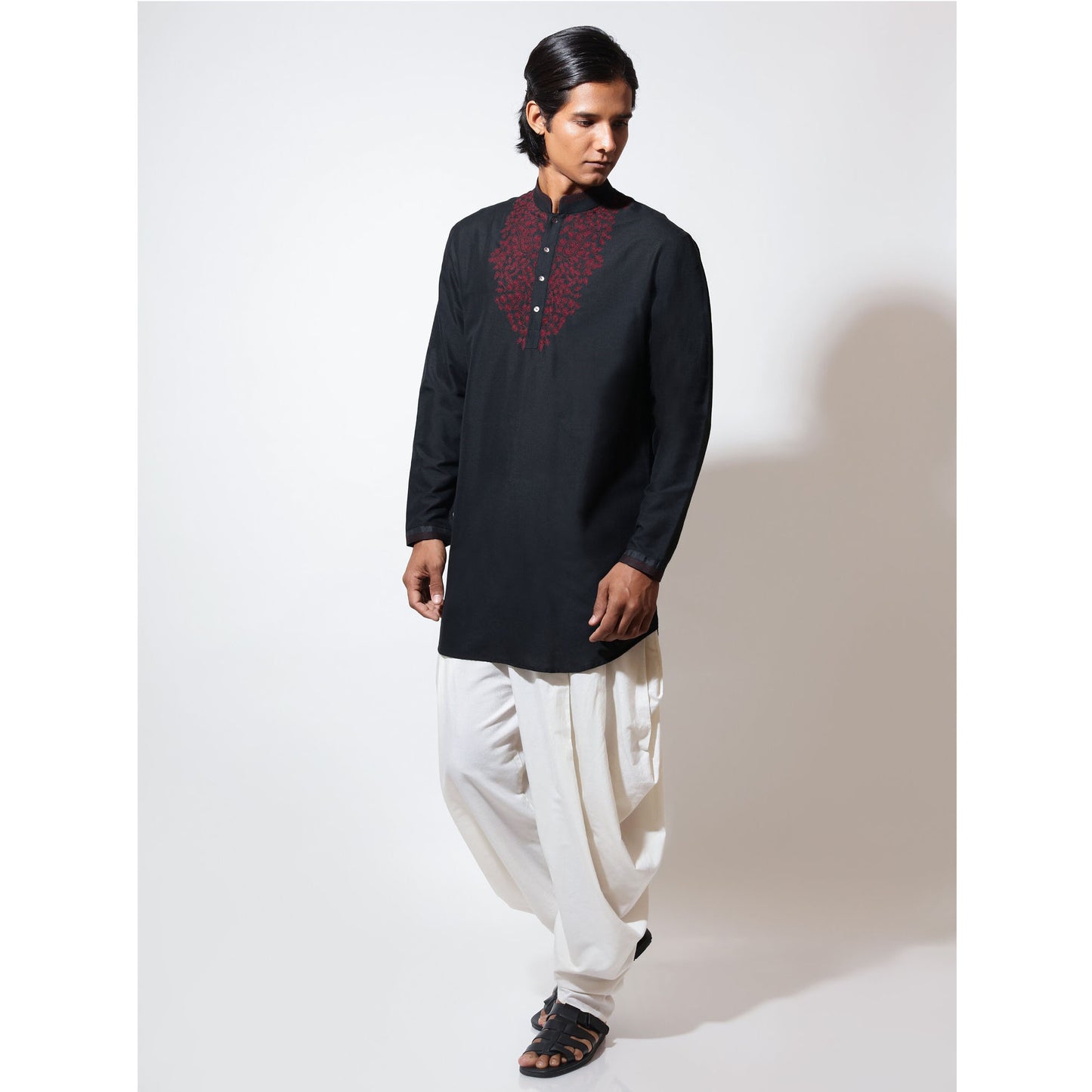 Pathan kurta with paisley embroidery at front with cowl pants
