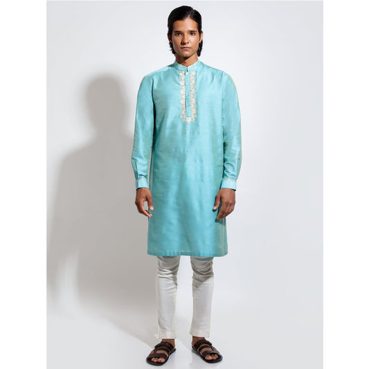 Long kurta with lotus embroidery around front placket