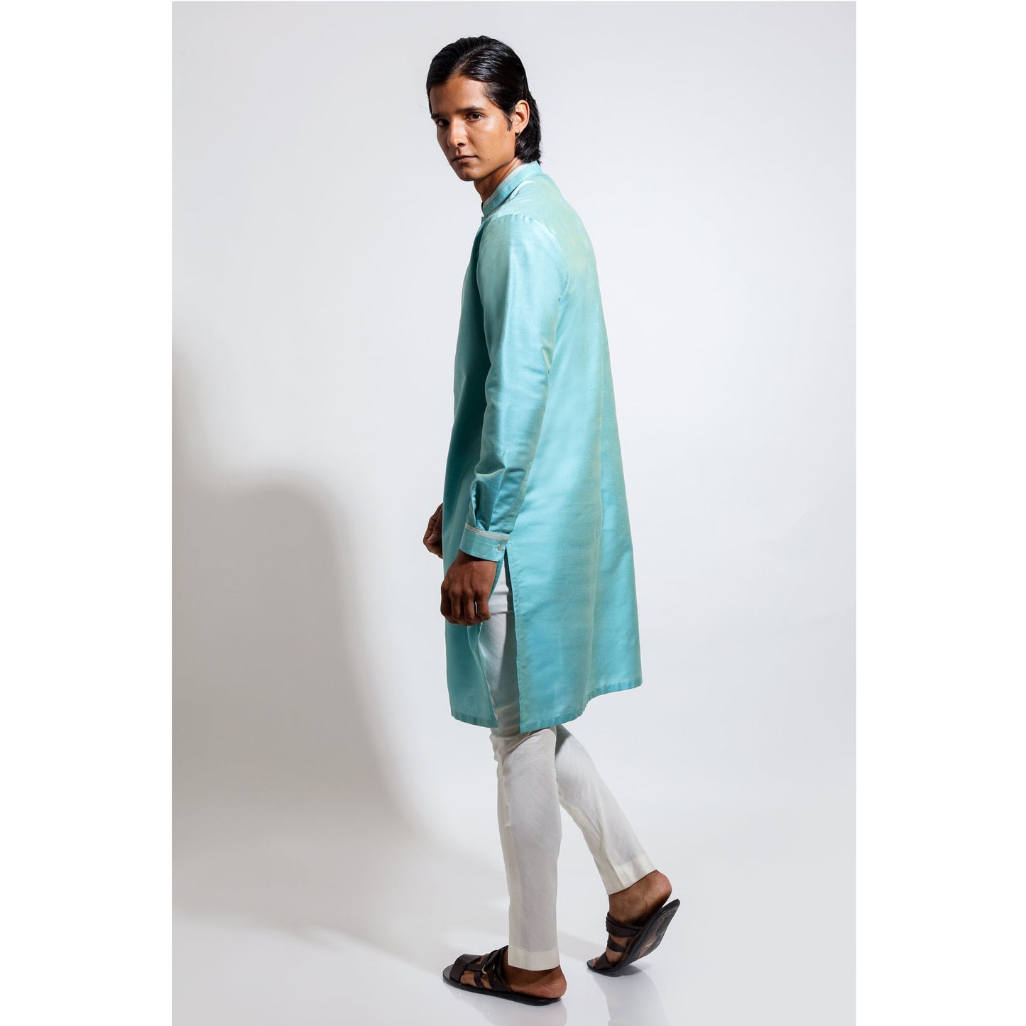 Long kurta with lotus embroidery around front placket