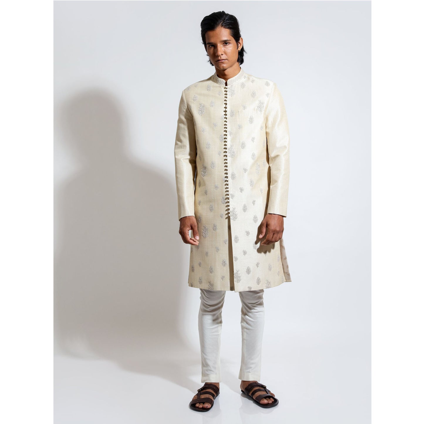 Sherwani with motif embroidery scatter on body with cropped pants