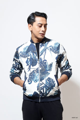 Bomber in Floral print satin with contrast rib