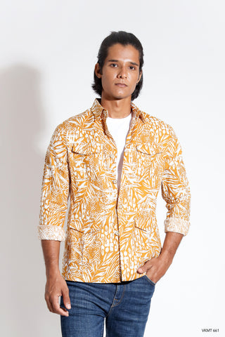 Shaket in floral printed linen with script applique at back