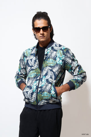 Bomber in tropical palm print with contrast rib
