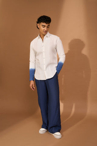 Stitch down pintuck shirt with indigo ombre at hem