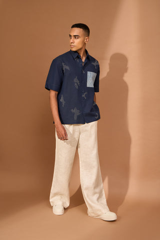 Boxy shirt in indigo with shatter embroidery & patch pocket in indigo stripe