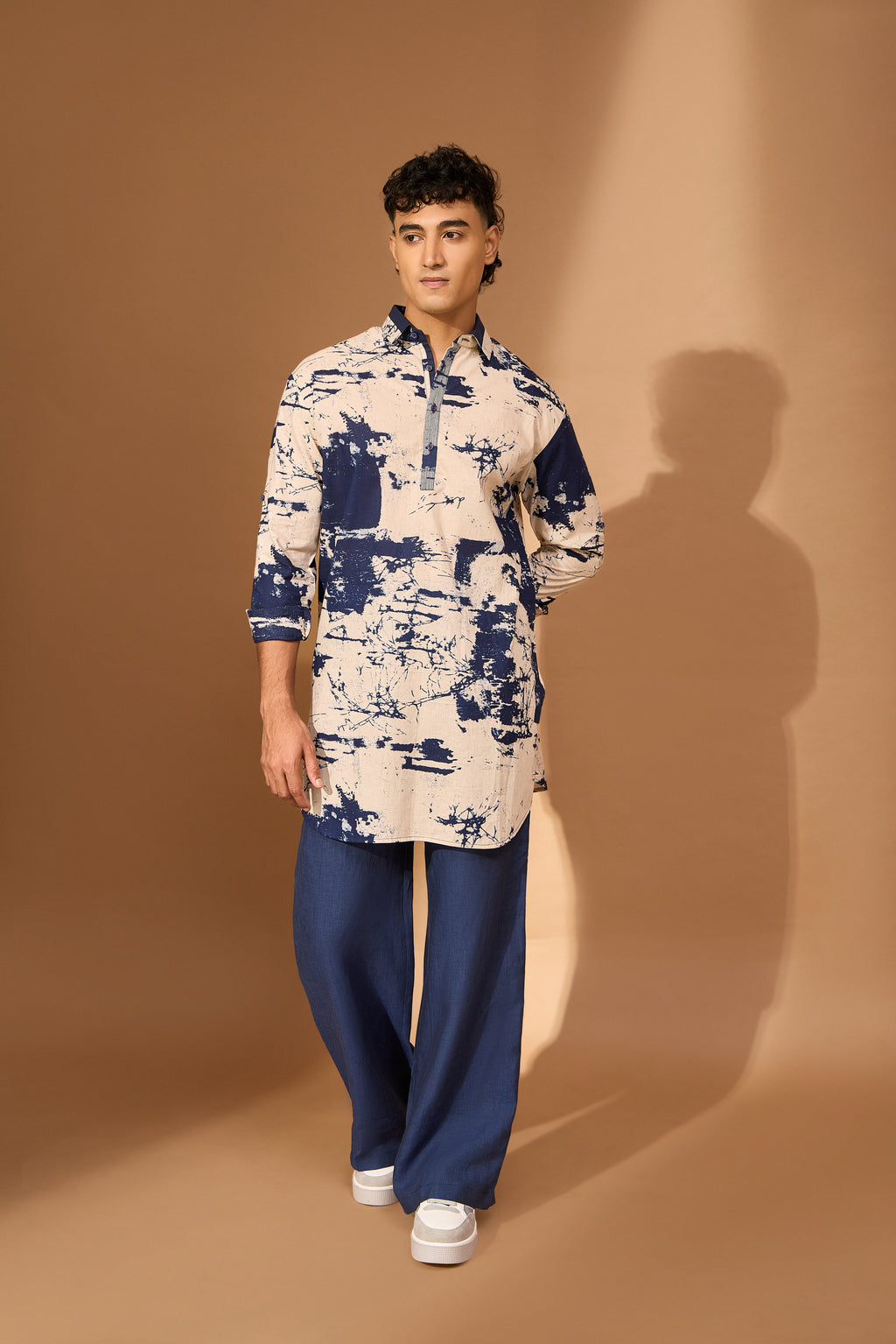 Pathan kurta in beige/ink crackle print with color block on collar ...