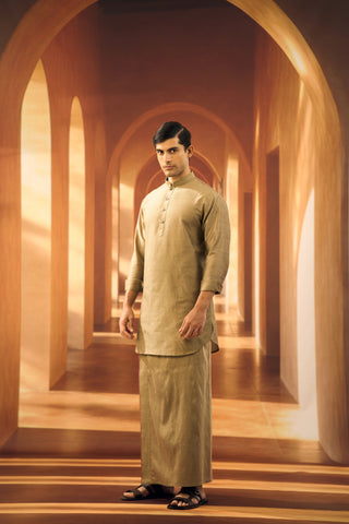 Olive Zigzag Textured Border Veshti