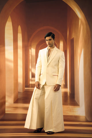 Jute Linen Ceremonial Blazer with Flower Applique