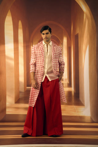 Checkered Block Printed Organza Trench