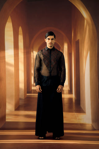 Checkered bib yoke Organza Shirt