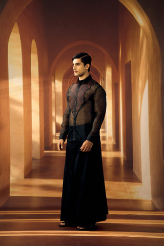 Checkered bib yoke Organza Shirt