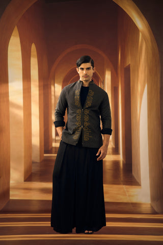 Noir Checkered Shaket with Script Applique