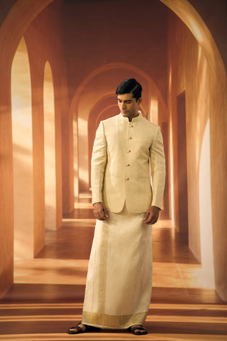 Ceremonial Linen Silk Jaquard Bandhgala with Veshti