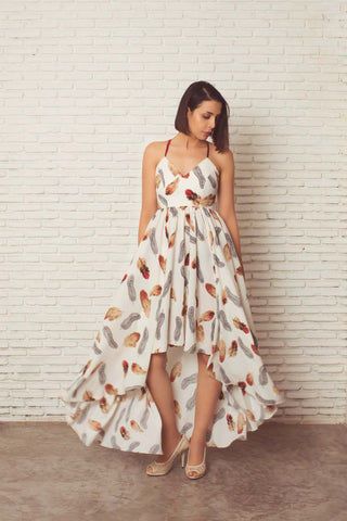 Strappy feather print dress with crossover back