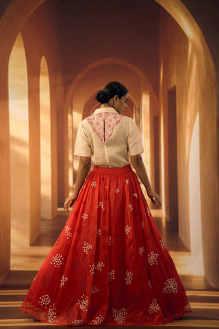 Tussar Top with Jasmine Bibyoke with Floral Embroidered Organza Skirt